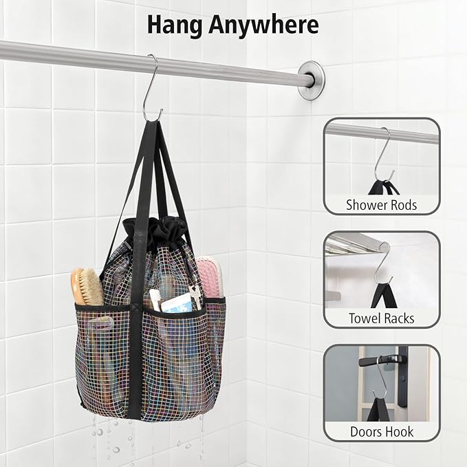 F-color Mesh Shower Caddy Portable with Drawstring - Tall 5 Pockets Dorm Room Essentials for Guys Girls with S Hook, Shower Bag Basket Tote for College Camping Travel Toiletry Bathroom, Black Grid
