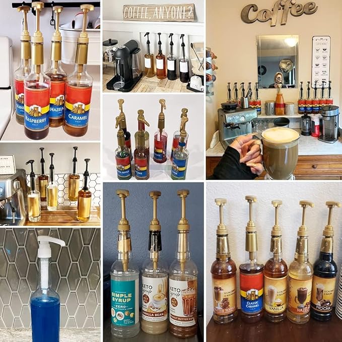 20 Pcs Gold Syrup Pump Dispenser, Compatible with 25.4 Oz/750ml Bottles, Great for Home & Coffee Bar Drinking Mixes, Tea, Beverage, Cocktails, Plus Spoons