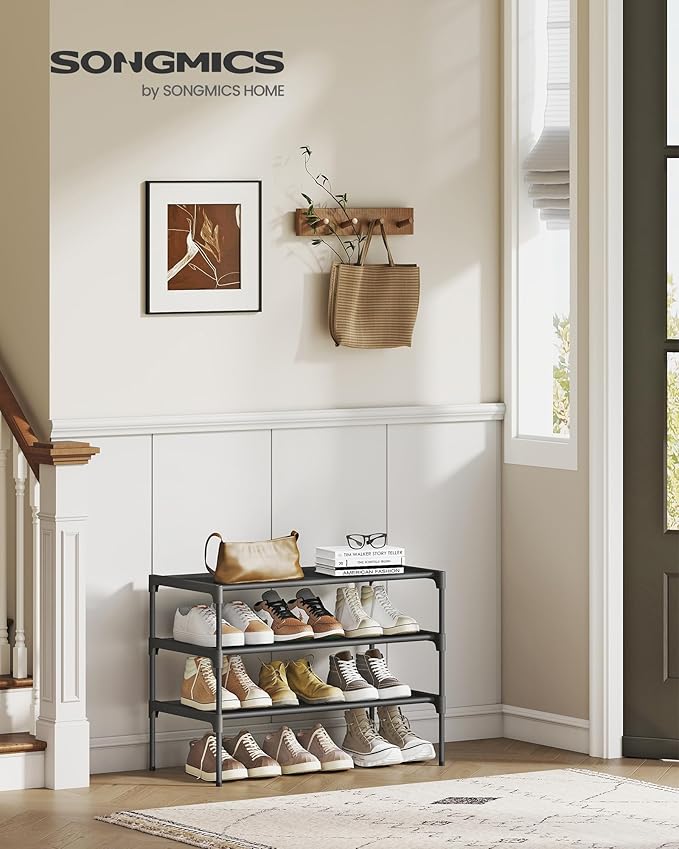 SONGMICS Shoe Rack, 3-Tier Shoe Storage Organizer, Space-Saving, 11.7 x 24.5 x 21 Inches, Entryway, Metal Frame, Non-Woven Fabric Shelves, Ink Black ULSH023BH01