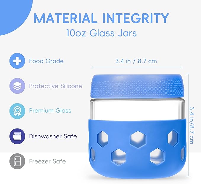 Gemice 6-Pack 10 oz Overnight Oats Containers with Lids and Silicone Sleeves, Glass Mason Jars with Airtight Lid, Dishwasher Safe, Wide Mouth Chia Seed Pudding Meal Prep Jar for Yogurt Berries Snack