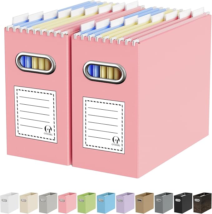 Oterri Cardboard File Organizer Box for Hanging File Folders Letter Size,File Box for Computer Desk,File Cabinet,Working Home,Office,Classroom(Pink,Letter Size - 2 Packs)