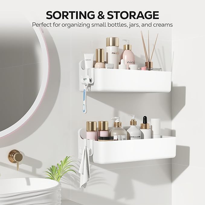 Nieifi Adhesive Wall Shelf, Shower Sheves 2 Pack, Shower Organizer for Bathroom Organization (White)