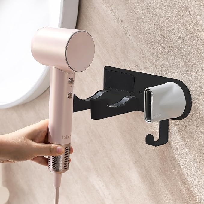 Hair Dryer Holder Wall Mounted, Hair Dryer Organizer Self Adhesive Compatible with Dyson Blow Dryer Holder Aluminum BlowDryer Holder Wall Mounted for Bathroom Black