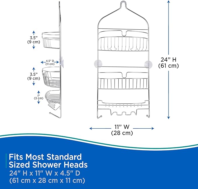 Kenney KN614121 Over the Shower Head 17" L x 10" W x 4" D Rust-Resistant Metal Wire Small 2-Shelf Hanging Caddy with Suction Cups and Razor Holders for Bathroom Shower, White