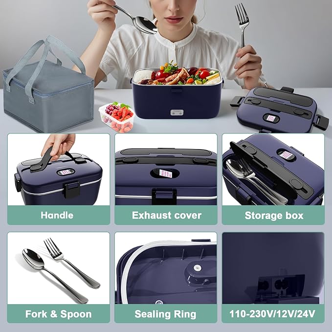 DUPASU Electric Lunch Box Food Warmer: 100W Heated Lunch Box for Adults, 1.8L Portable Fast Heating Lunchbox Food Heater for Car, Truck, Work, Travel, Lonchera Elctrica Porttil 12/24V/110-230V