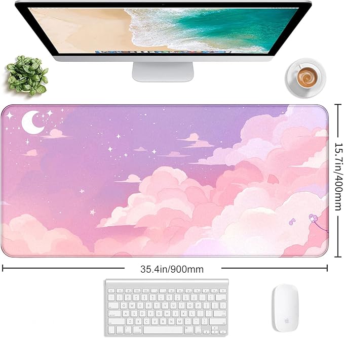 Cute Anime Cloud Desk Mat, Beautiful Pink Stitching Edge Non Slip Rubber Mouse