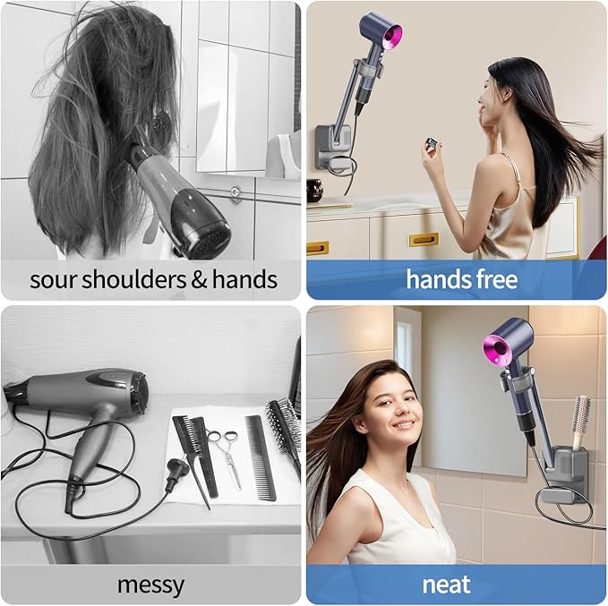 Hands Free Hair Dryer Holder Wall Mount, Adjustable Bathroom Blower Dryer Holder Wall Mounted Hook Rack, Vanity Cabinet Door Hanger Storage, Suitable for Most Walls, Hair Dryers, with Cord Organizer
