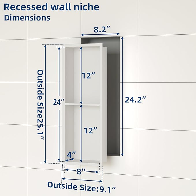 Neodrain Shower Niche Double Shelf Stainless Steel No Tile Needed Bathroom Niches Recessed in Wall, 2-Tier Recessed Wall Niche Waterproof Cubby (8X24 Inch,White)