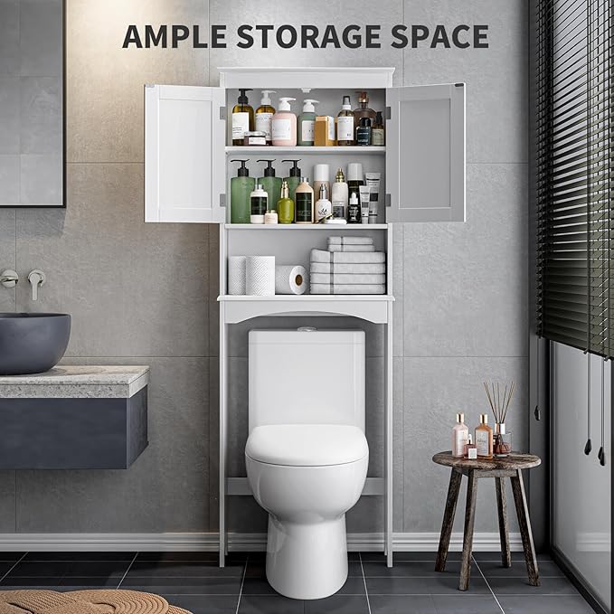 Bealife Over The Toilet Storage Cabinet with Open Shelf, Organizer with Adjustable Shelf and Double Doors,Over The Toilet Storage Shelf Free Standing- White