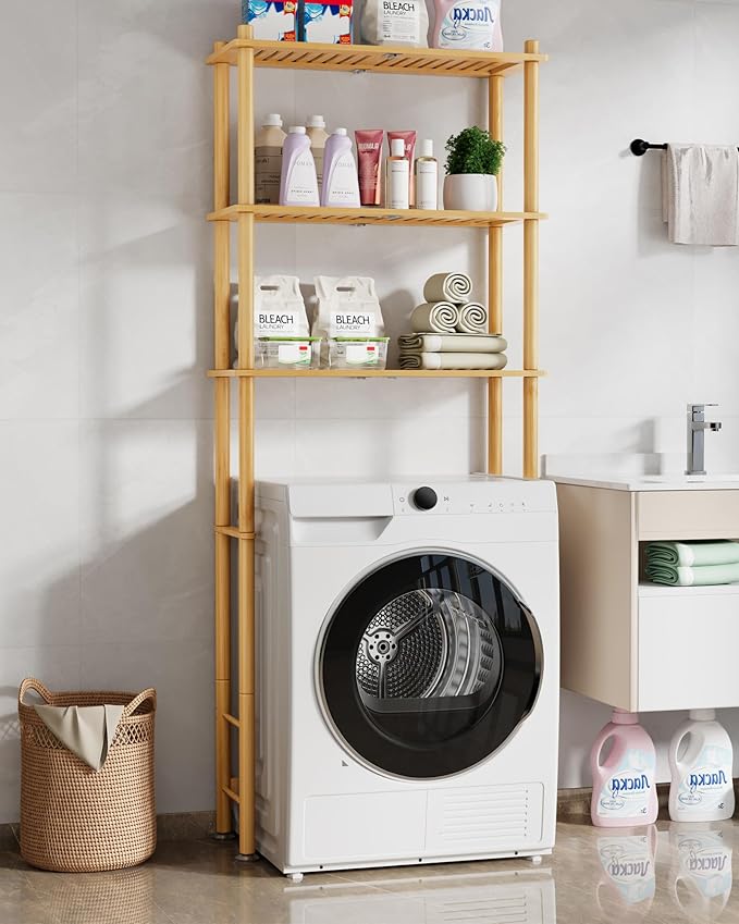 Kitsure 3-Tier Bamboo Over The Toilet Storage Cabinet, Bathroom Organizer and Above Toilet Shelf with Paper Holder, Freestanding Space Saving Rack with Wall Anchor, Natural (63” H)