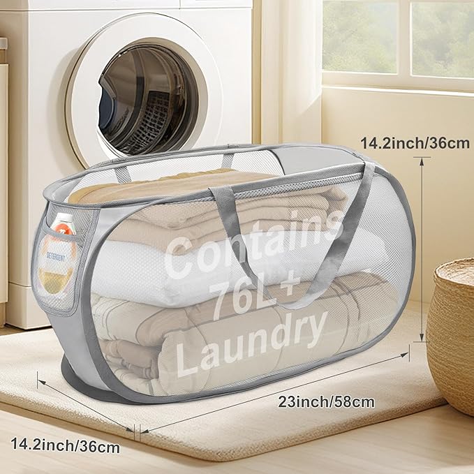 Upgraded Collapsible Laundry Baskets, Durable Pop Up Laundry Hamper, 4th Generation Mesh Laundry Bags with Reinforced Handles & Side Pocket for Laundry, Home Storage, Bathroom, Travel, Dorm