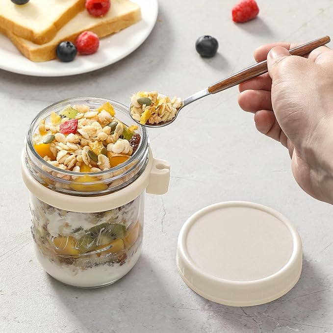 4 Pack Overnight Oats Containers with Lids and Spoons, 16 oz Glass Mason Jars with Airtight Lids, Overnight Oats Jars for Milk, Cereal, Fruit