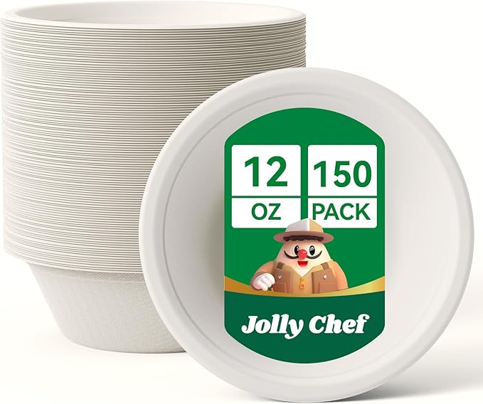 JOLLY CHEF Compostable Disposable Paper Bowls [16 oz] Heavy Duty Soup Uncoated Containers [150 Pack] Biodegradable Bagasse Hot Cold Eco-Friendly Natural Sugarcane Microwavable for Dessert Christmas