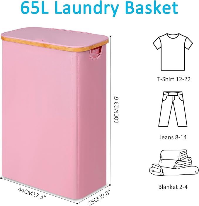 efluky Slim Laundry Basket with Lid, Narrow Laundry Hamper with Removable Bag, Skinny Dirty Clothes Basket with Bamboo Handles for Bathroom, Bedroom & Laundry Room, 65L Pink