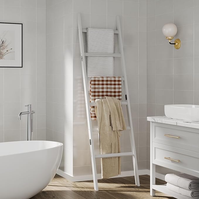 Bamboo Towel Rack 6-Tier Blanket Ladder for Living Room, Bedroom, Bathroom Space-Saving Decorative Ladder for Quilts, Towels and More White