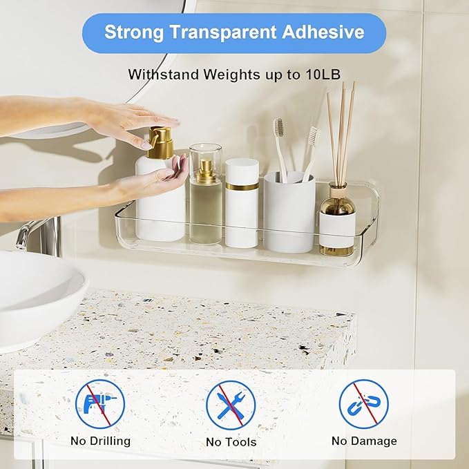 Diesisa Acrylic Wall Mounted Shower Caddy, Clear, Large Size 4D x 12.8" W x 3.3" H, Acrylic Shelf, No Drilling Walls Adhesive Shelf, Bathroom Shelves with Self Adhesive Tape for Bathroom, Kitchen