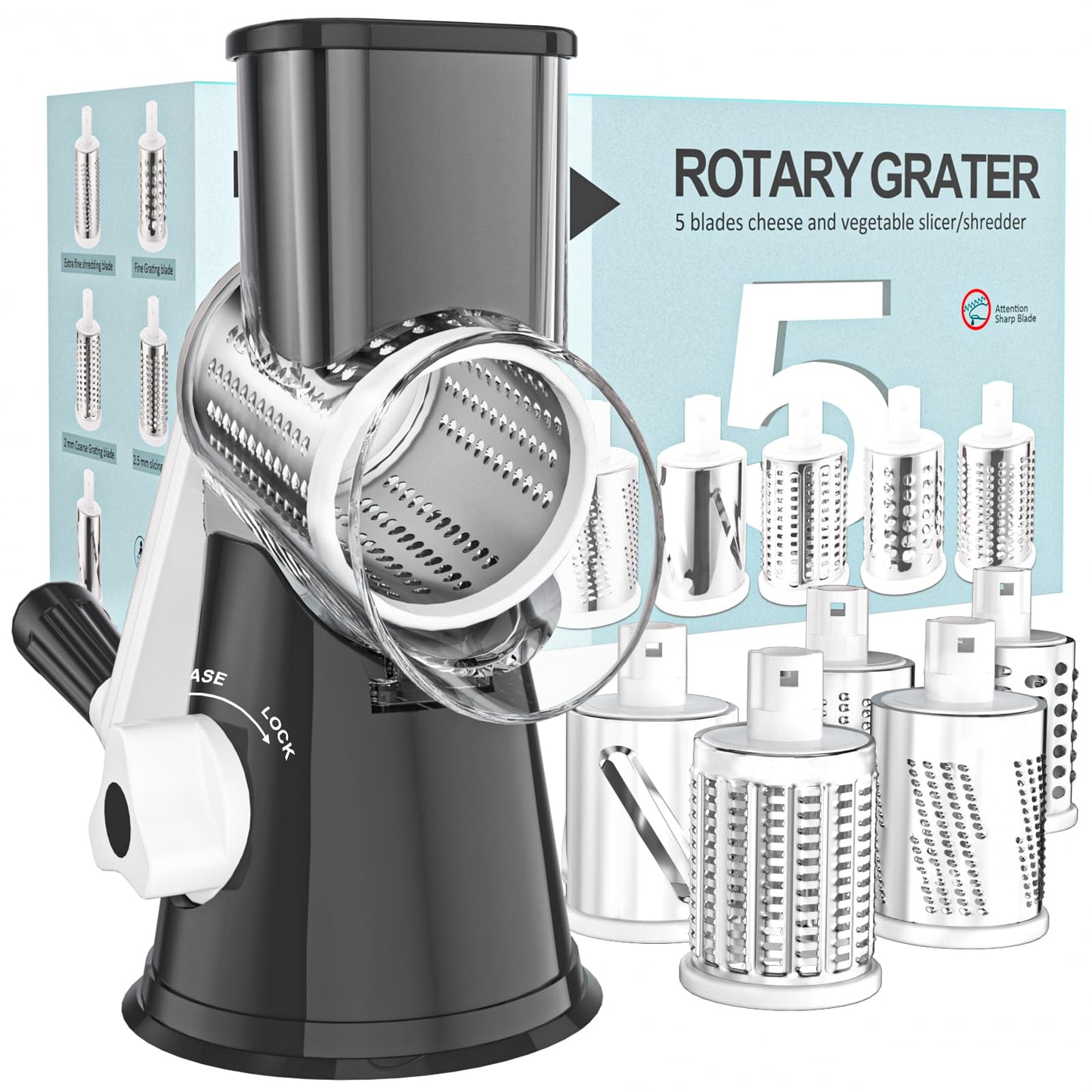 Cambom Rotary Cheese Grater Hand Crank Cheese Shredder for Fresh Cheese, Vegetable, Nuts,Non-slip Suction Base，Three Blades,Blue