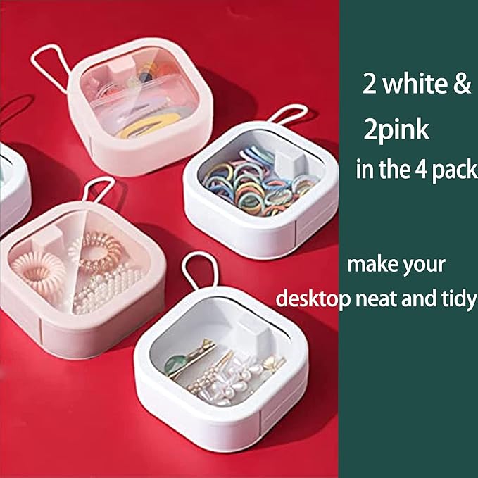 4pcs Hair Tie Organizer,Portable Travel Qtip Holder,Bathroom Storage Organizer Qtip Dispenser Cotton Swabs Dispenser Kids Hair Accessory Box with Lid for Bathroom,Desktop Organizer(4 Pcs Pink)
