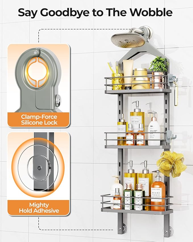 ODesign 3 Tier Height-Adjustable Shower Caddy Hanging Anti-Swing-Over The Shower Head Caddy-Showe r Storage Organizer Bathroom Shelves Basket Caddies-Grey