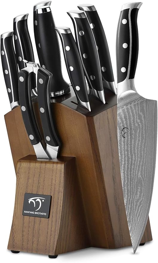 Damascus Kitchen Knife Set with Block, 9-Piece 67-Layer VG10 Damascus Steel Knife Set with Triple-Rivet Handles, Chef, Santoku, Utility, Bread & Paring Knives, Sharpener, Shears, Black