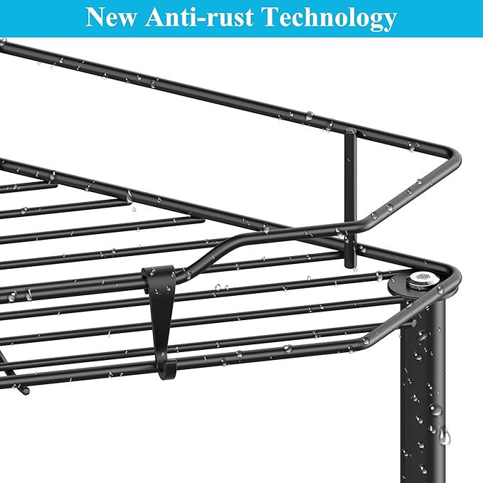 3 Tier Floor Standing Corner Shower Caddy Organizer Shelf with Hooks, Bathroom Shelves Stand Rack, Matt Black