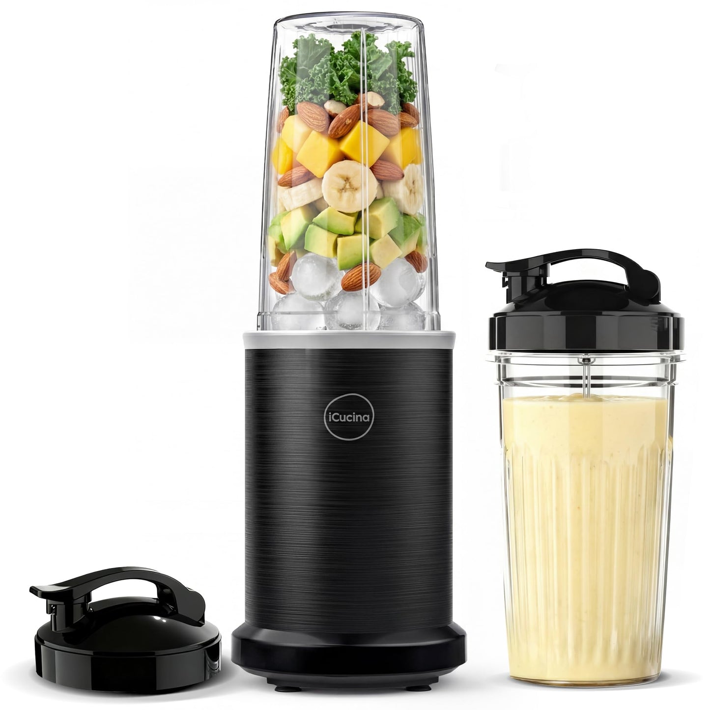 iCucina Smoothie Blender, 1000W Personal Blender for Shakes and Smoothies with 2 x 32oz Protable Cups and Lids, Single Serve Blenders for Ice Crushing, Bean Grinding, Frozen Fruit Drinks, Black