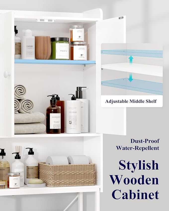 Kitsure Over The Toilet Storage Cabinet - 3 Tier Bathroom Organizers and Storage Solution with Adjustable Shelf & Bottom Bar, Anti-Tip Bathroom Storage Cabinet, White, 3 Tiers (68.1" H)