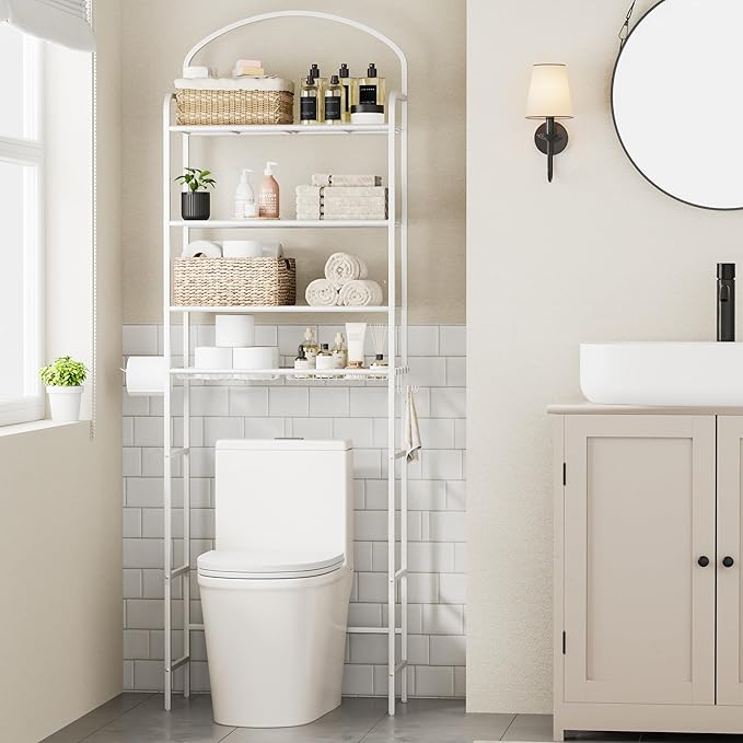 4-Tier Over The Toilet Storage, Bathroom Organizer, Space-Saving, Above Toilet Storage Rack with 4 Hooks and Paper Holder, Metal Shelf, White