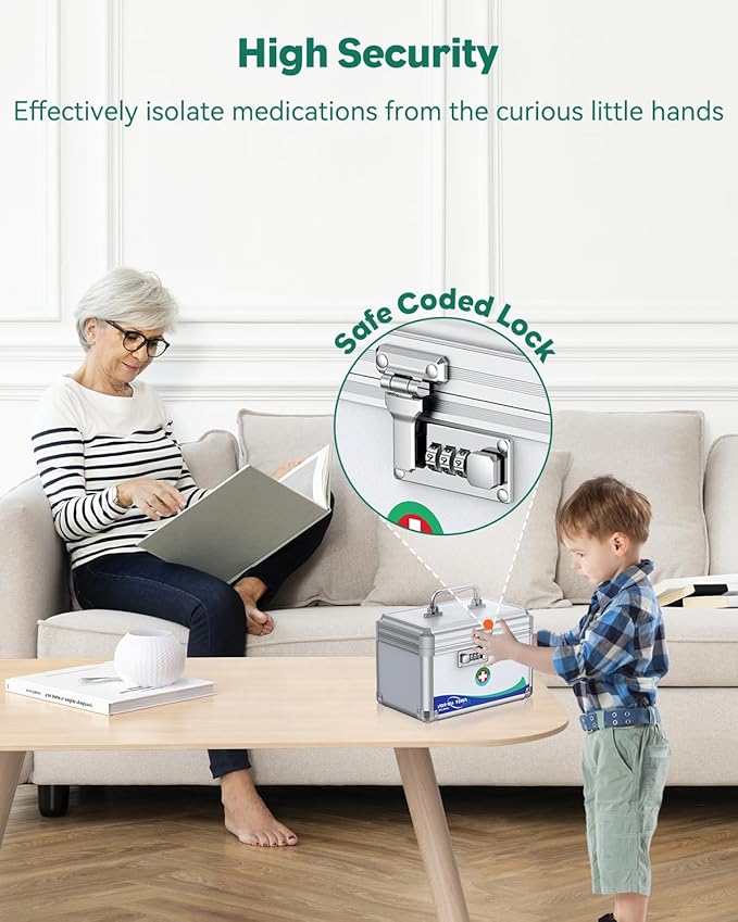 Uniclife Medicine Lock Box First Aid Box with Combination Lock & Handle Portable Medication Metal Lockable Medicine Storage Box Security Lock Box for Medications, 10" x 6" x 6.5"