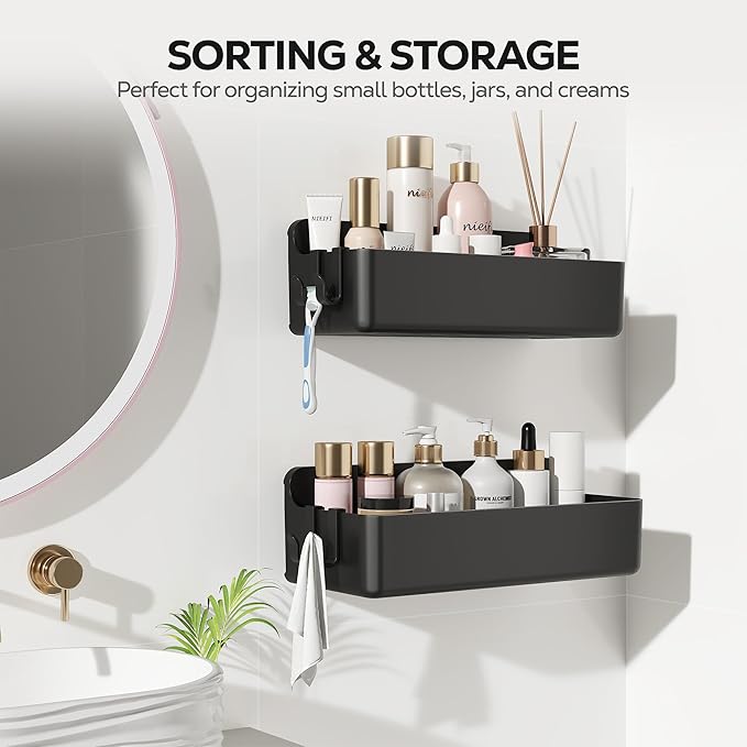 Nieifi Adhesive Wall Shelf, Shower Sheves 2 Pack, Shower Organizer for Bathroom Organization (Black)