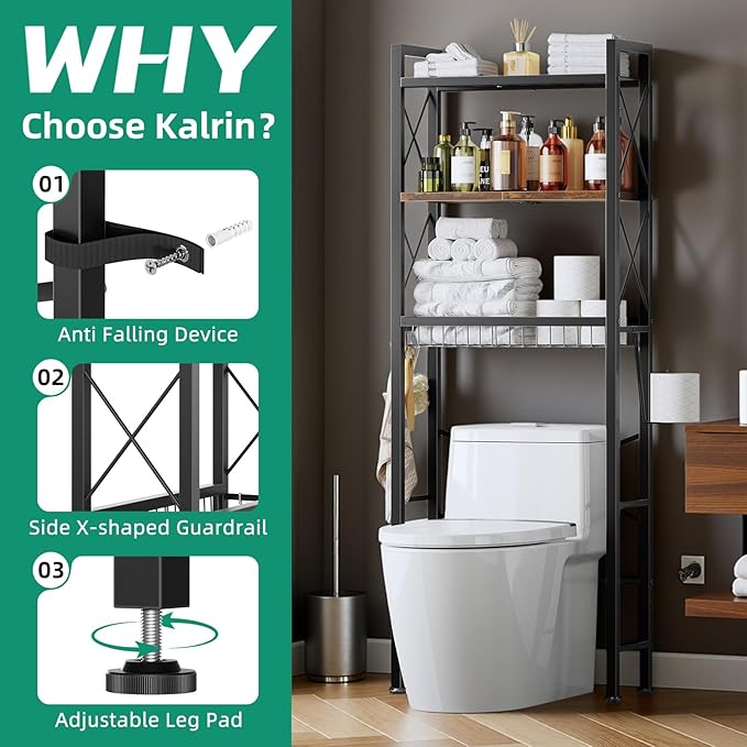 Over The Toilet Storage with X Shape Side Guardrail, 3-Tier Over Toilet Storage Rack with Drain Basket, Freestanding Bathroom Organizer for Balcony Laundry, Vintage Brown
