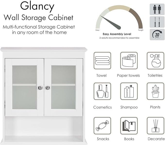 Spirich Bathroom Cabinet Wall Mounted, Medicine Cabinet Organizer with Glass Doors and Adjustable Shelves, Bathroom Wall Cabinet Over Toilet, White