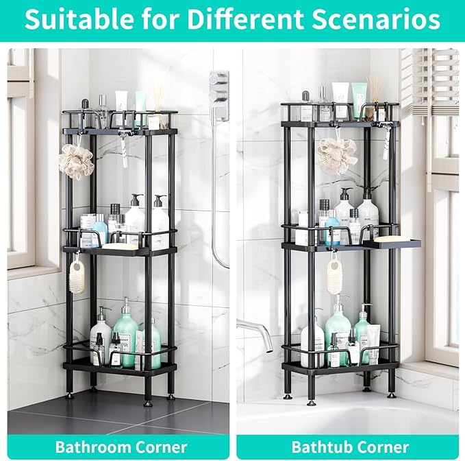 HapiRm Standing Corner Shower Caddy - 3 Tier Corner Shower Organizer with Soap Holder, Rustproof Stainless Steel Bathroom Shelf with 4 Hooks, Black