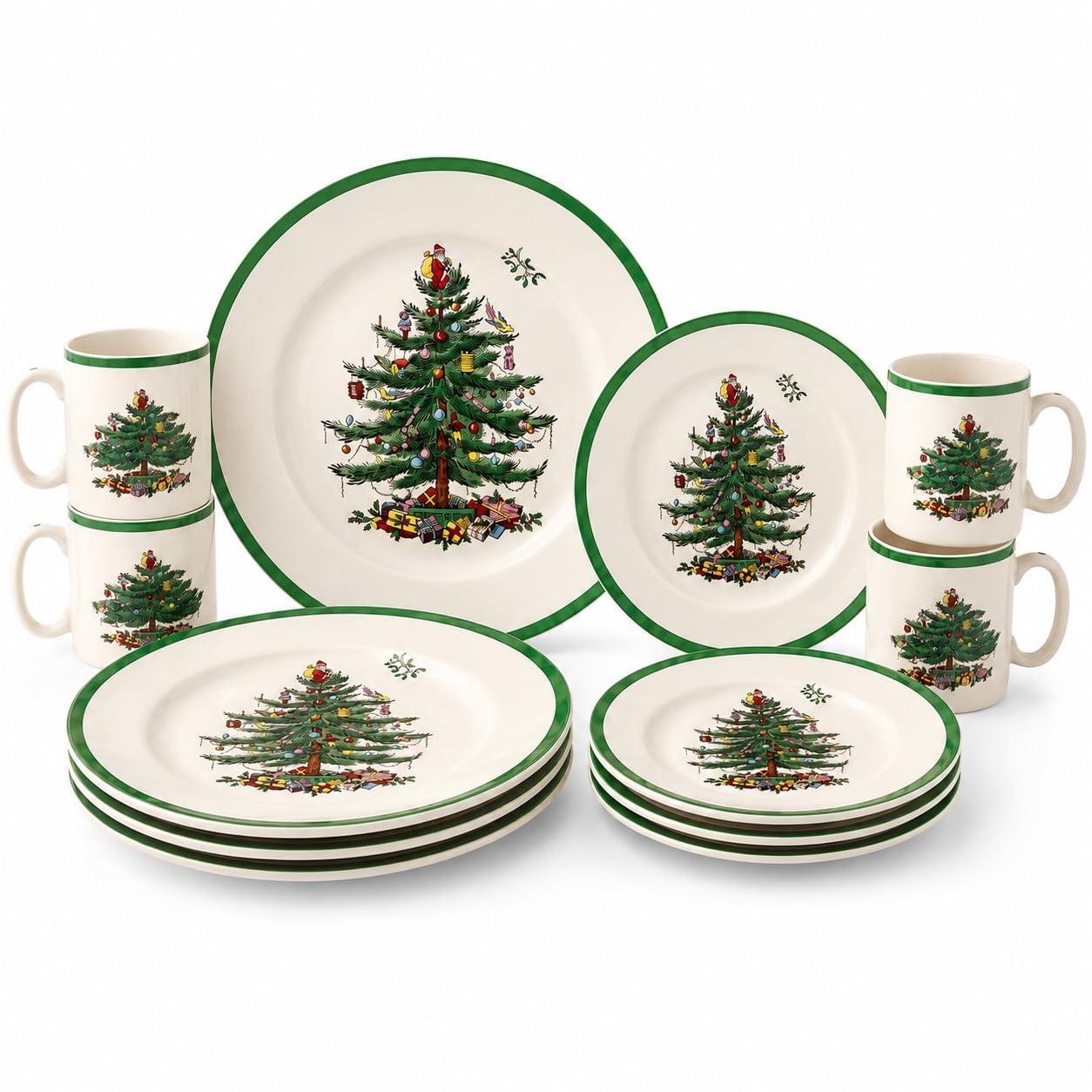 Spode Christmas Tree 12-Piece Dinnerware Set (Service for 4) - Festive Holiday Tableware Collection with Plates and Mugs - Fine Earthenware Christmas Dinnerware - Microwave & Dishwasher Safe