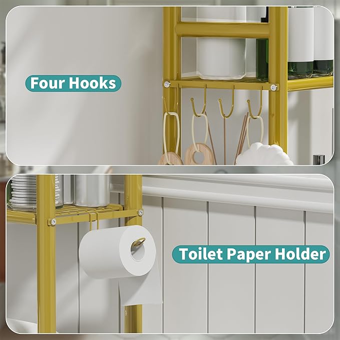 3-Tier Over The Toilet Storage with Paper Holder, Metal Bathroom Organizers and Storage for Small Space, Freestanding Bathroom Shelves with 4 Hooks, Above The Toilet Storage Shelf (Gold)