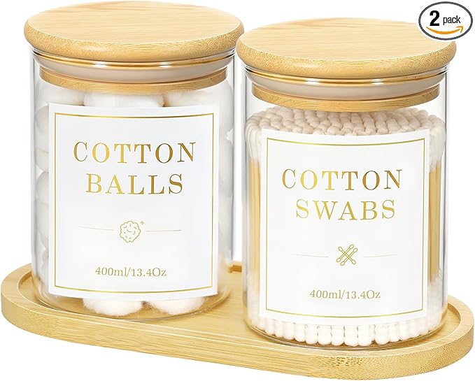 Luxspire Glass Qtip Holder with Vanity Tray, 2 Pack Cotton Swab Holder with Bamboo Lid, 13.4 oz Glass Apothecary Jars Bathroom Accessories Canisters for Cotton Swabs, Balls, Pads, Floss Picks