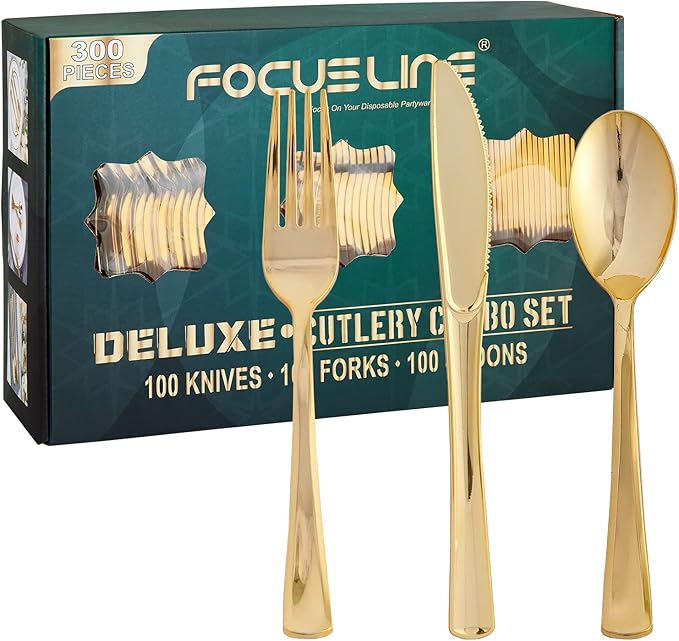 FOCUSLINE 300 Count Gold Plastic Silverware Set, Disposable Plastic Cutlery