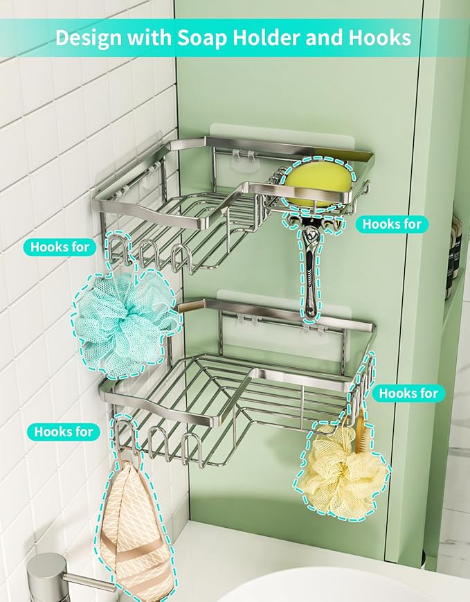 HapiRm Corner Shower Caddy with Shampoo Holder, Shower Organizer with 11 Hooks, No Drilling Rustproof Stainless Steel Bathroom Shelves - Silver (Only for 90 ° Right Angle)