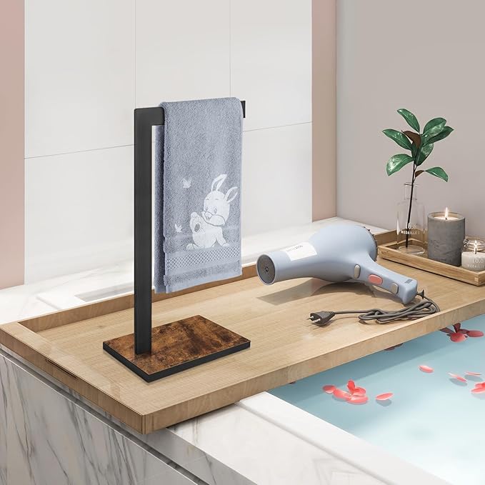 Hand Towel Holder for Bathroom, Hand Towel Stand with Wood Base, L-Shape Hand Towel Rack Height 13.85'' for Vanity Countertop, Kitchen Counter, (Rustic Brown-Square Base-L Shape)
