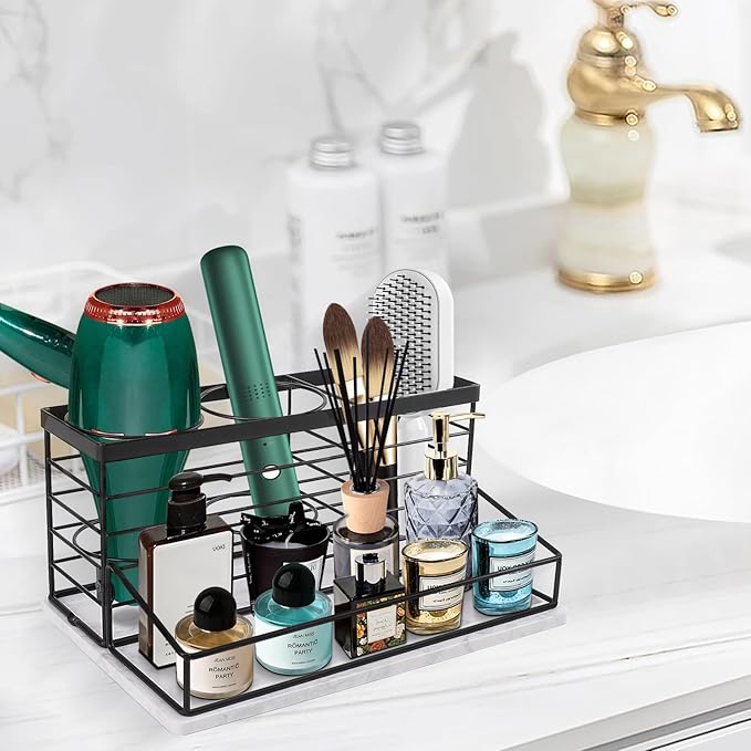 Hair Tool Organizer, Movable Hair Dryer Holder, Hair Styling Tools Storage for Vanity, Bath Counter Organizer, Bathroom Trays for Hair Toiletry, Makeup (12" x 7.7" x 5.8", Marble-Black)