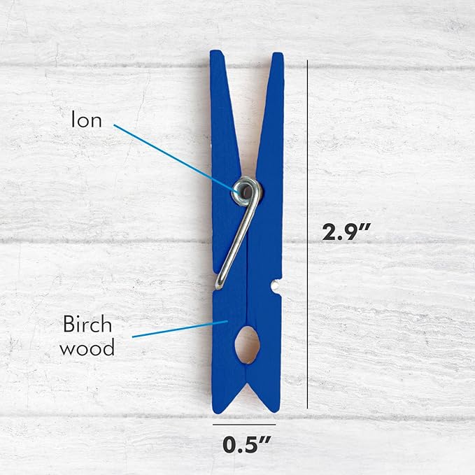 Zeno Blue Clothes Pins Wooden – 50 Pack Wooden Clothespins 2.9 Inch with Rust-Resistant Coil, Natural Wood Clips for Laundry, Hanging Clothes, Crafts & DIY, Blue