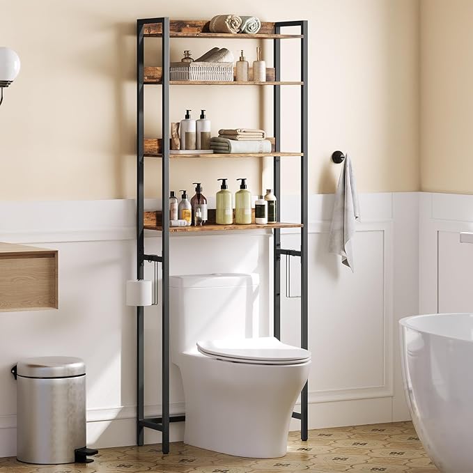Over The Toilet Storage Rack, 4 Tier Bathroom Organizer Over Toilet, Freestanding Space Saver Toilet Stand with 2 Hooks, Bathroom Storage Shelf, Easy to Assemble, Rustic Brown TSHR0401Z