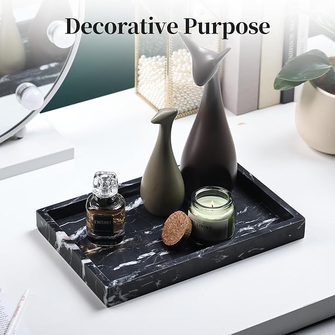 Real Natural Marble Tray for Bathroom, Genuine Marble Stone Vanity Tray, Luxury Storage Trays for Kitchen, Vanity, Home Decor, Dresser, Non-Resin/Non-Ceramic, 12"x 8"x 1.2", Black