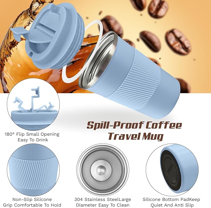 Vacuum-Insulated Stainless Steel Travel Coffee Mug, Leak-Proof Reusable Coffee Cup with Lid - Keep Hot & Cold Drinks for Hours, Durable Insulated Tumbler for Men & Women(3rd-Light Blue, 12OZ)