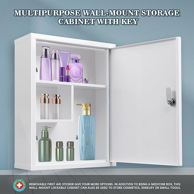 KYODOLED Wall Mount Locking Medicine Cabinet, Large Capacity First Aid Cabinet for Bathroom, Medicine Cabinet with Key, Secure Steel Lock Box for Medication, 15.75" H x 11.82" W x 4.72" D, White