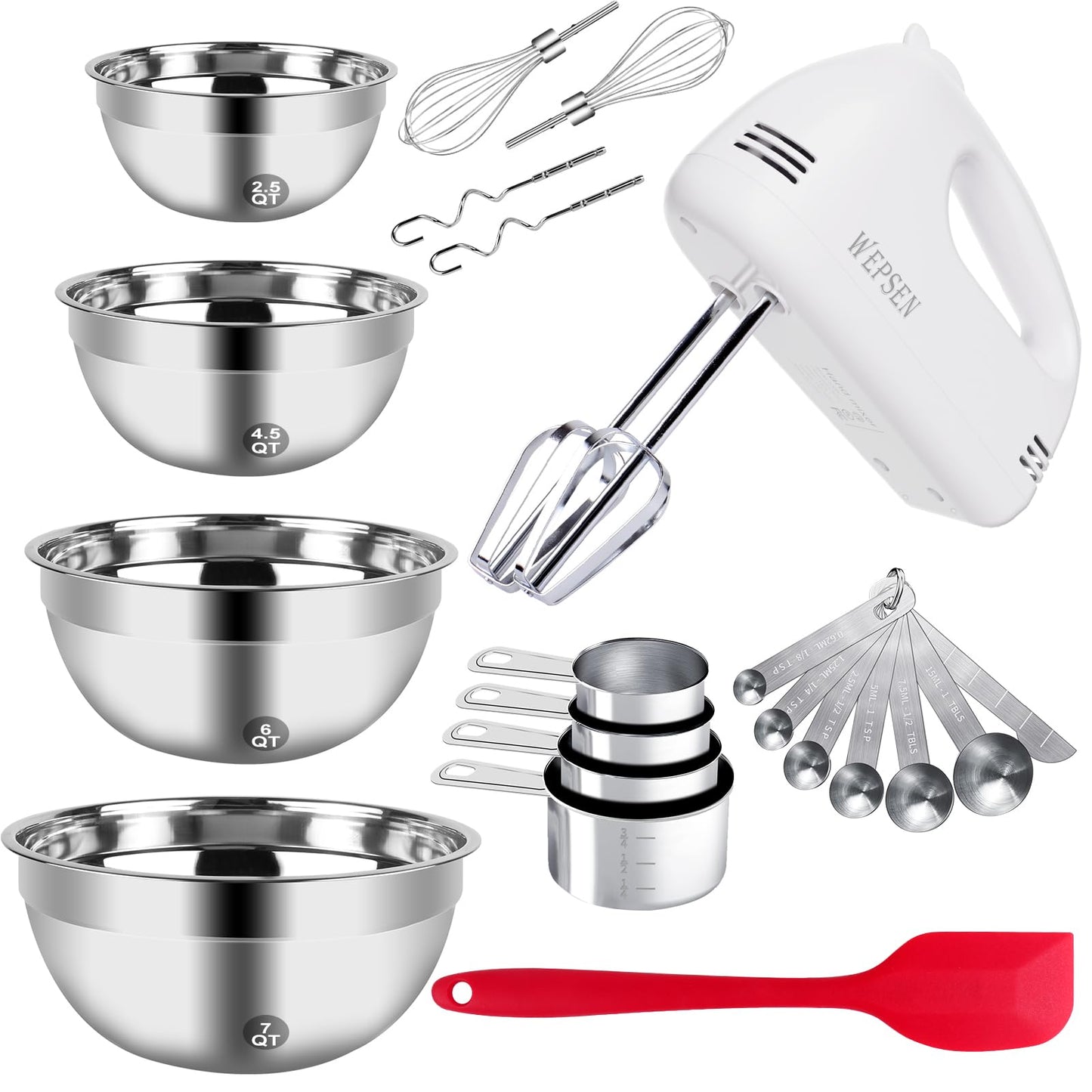WEPSEN Mixing Bowls Set, 25PCS Stainless Steel Mixing Bowl with Lid Set, Large Nesting Bowls 7, 4.5, 3,2, 1.5QT, Measuring Cups and Spoons Baking Utensils Metal Bowl for Kitchen Prep