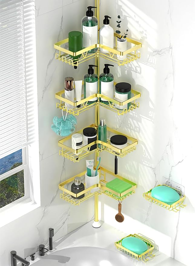 Shower Caddy Tension Pole with 2 Soap Holders, Adjustable Corner Shower Caddy, Gold Finish, Expandable 25-114.2 Inches for Bathtub Corner, Bathroom Storage Organizer