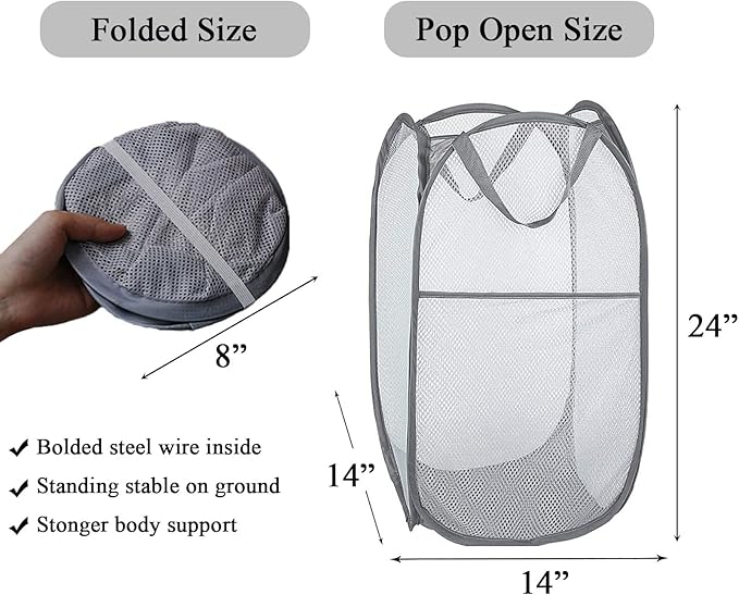 Larpur Popup Mesh Laundry Basket, Collapsible Laundry Hamper Portable Clothes Washing Laundry Hamper with Reinforced Carry Handles for Home, Dormitories, Travel, Apartments (Grey)
