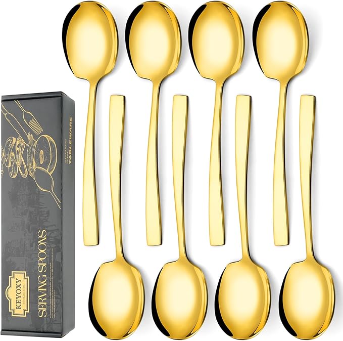 Keyoxy 8 Piece Stainless Steel Serving Spoons Set - 4 Large, 4 Slotted, 9.2-Inch, Dishwasher Safe, for Parties/Kitchen/Buffet/Catering