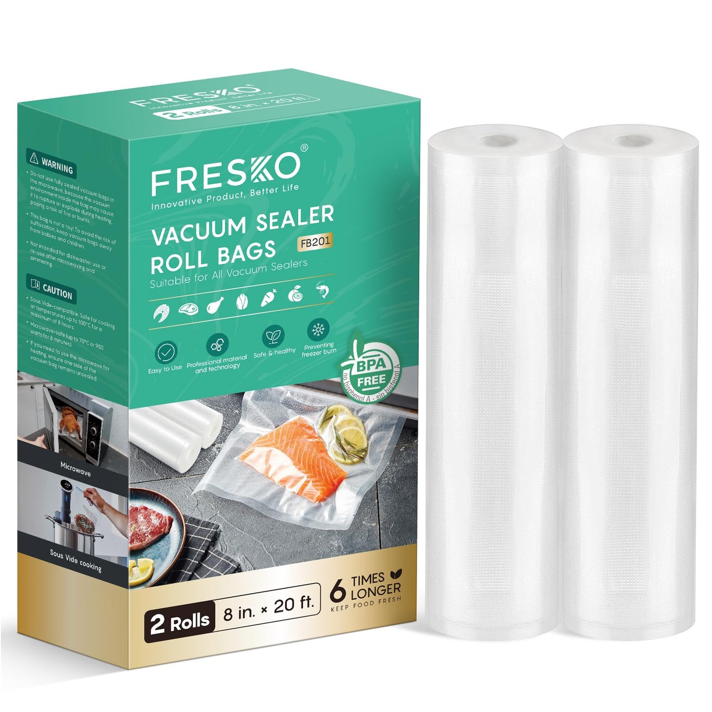 FRESKO 8"x20' Vacuum Sealer Bags for Food, 2 Rolls